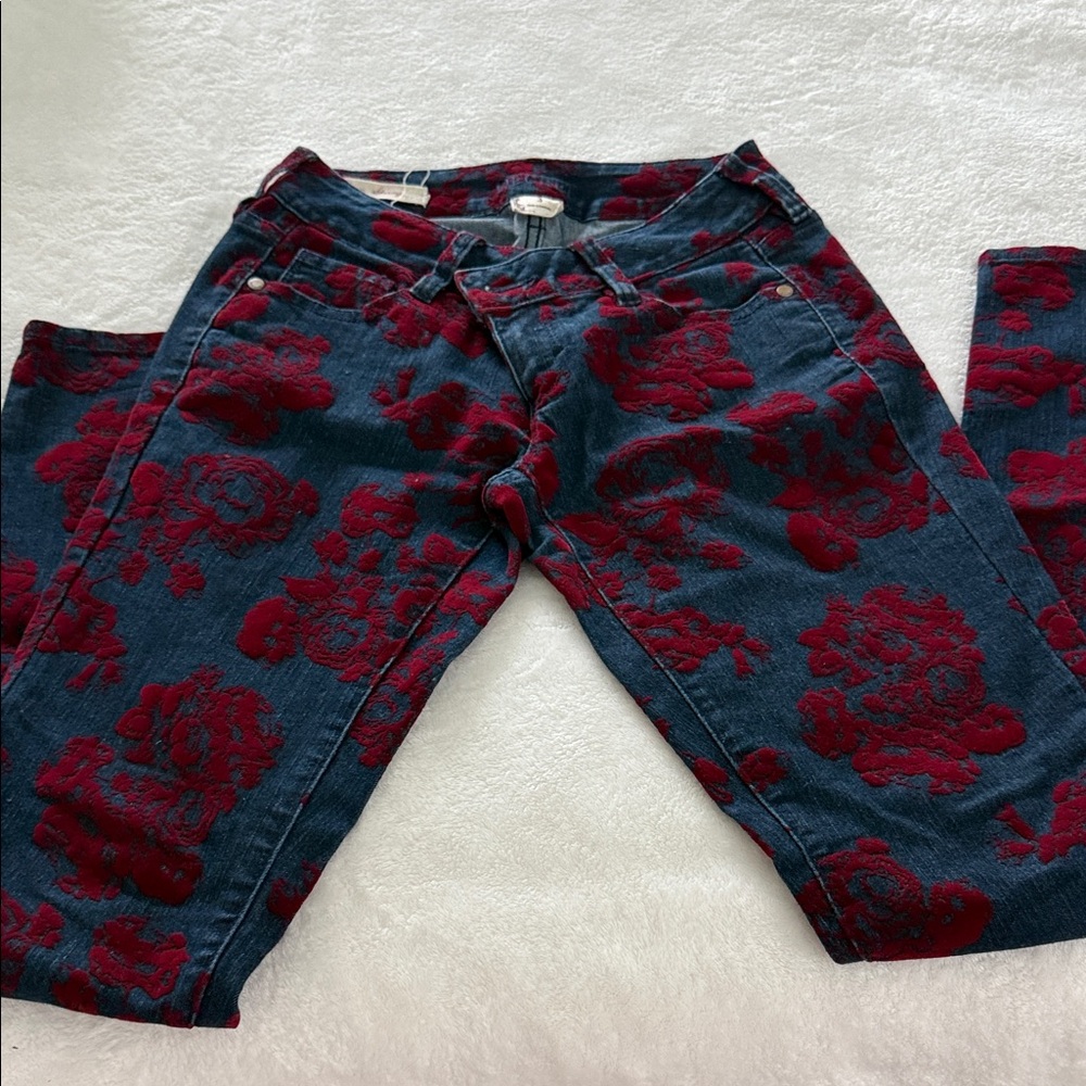 Decree Red Floral on Blue Skinny Jeans